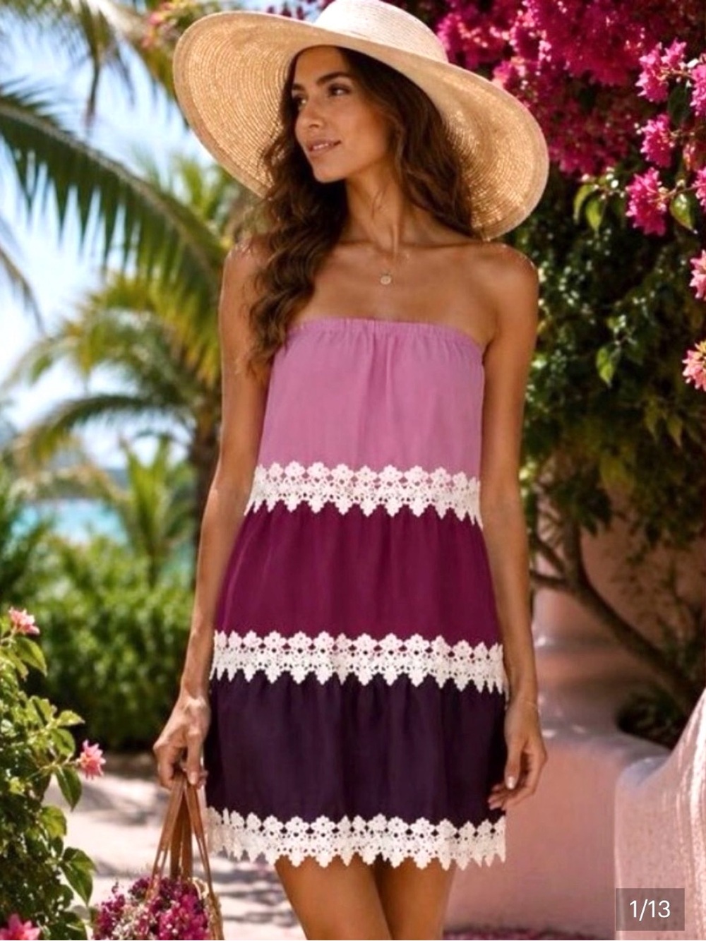 Miin Amethyst Ombré Tiered Crochet Lace Chiffon Strapless Dress S